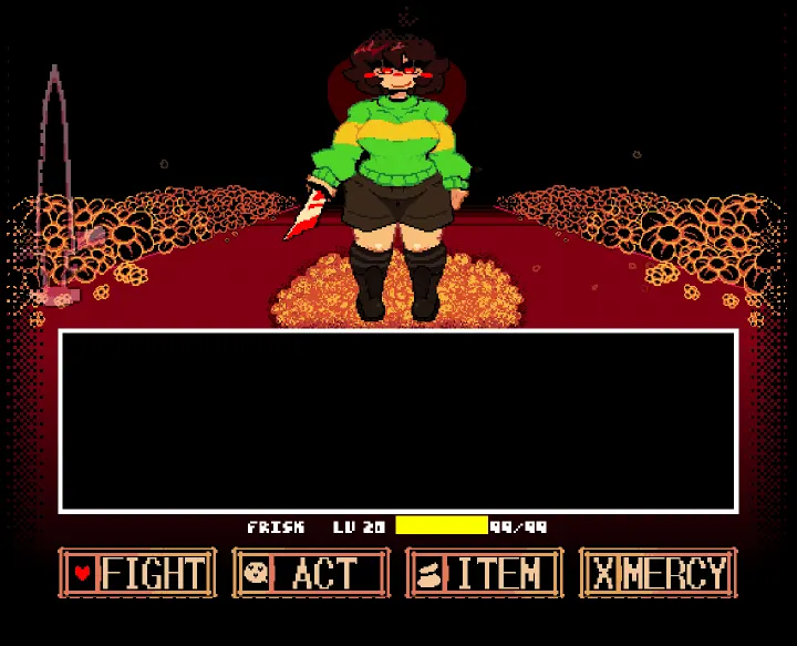 LoveManiac battle screen: Chara in a green sweater stands over a bullet box with FIGHT, ACT, ITEM, and MERCY