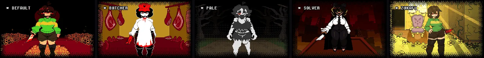 Five LoveManiac Chara costumes labeled Default, Butcher, Pale, Solver, and Zukafu
