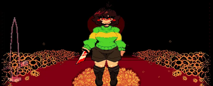 Chara standing in the LoveManiac battle arena, cropped from an official battle frame