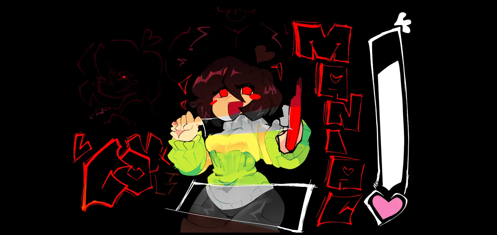 Official LoveManiac key art of Chara in a green and yellow sweater holding a red knife