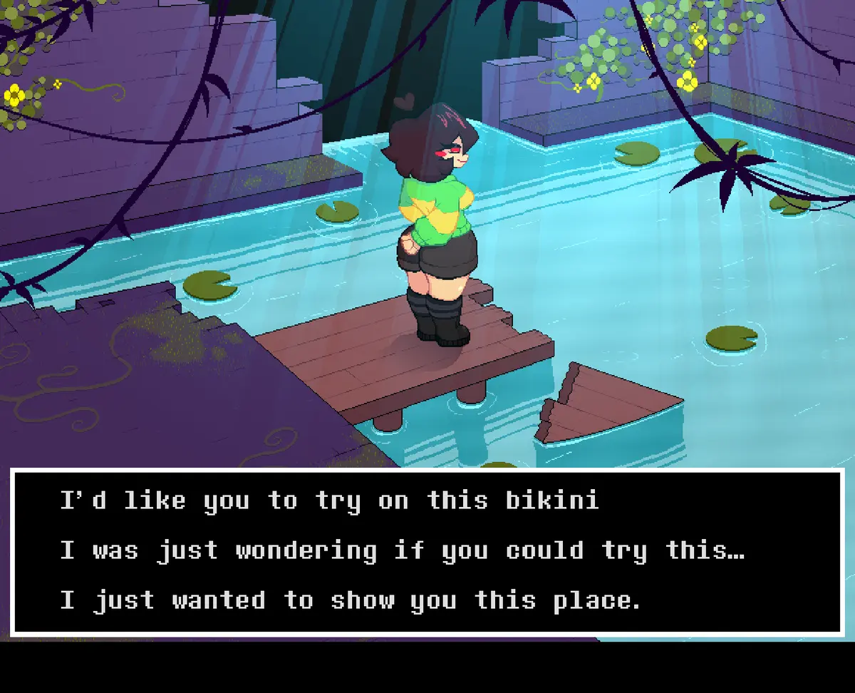 LoveManiac lake scene: Chara on a wooden dock with three dialogue choices about a bikini and the place