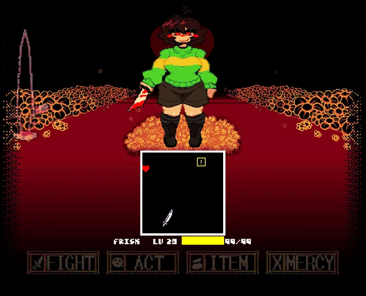 LoveManiac battle: a knife projectile inside the white battle box while Chara stands above it
